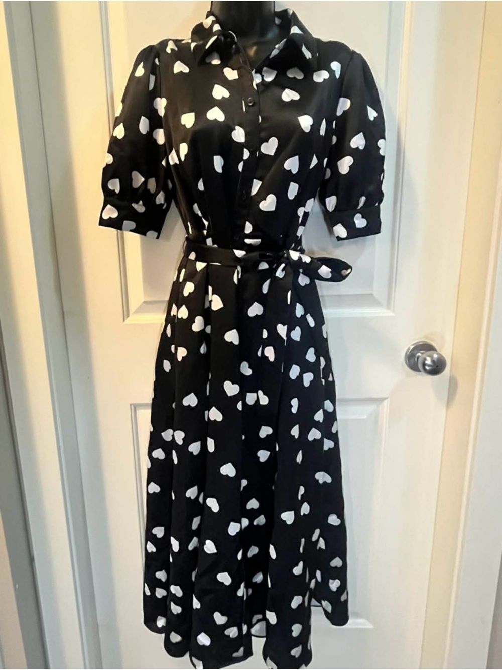 NWOT Kate Spade Black Heart Print Puff Sleeve Midi Shirtdress - 4 - Fabric Note! - Picture 7 of 13